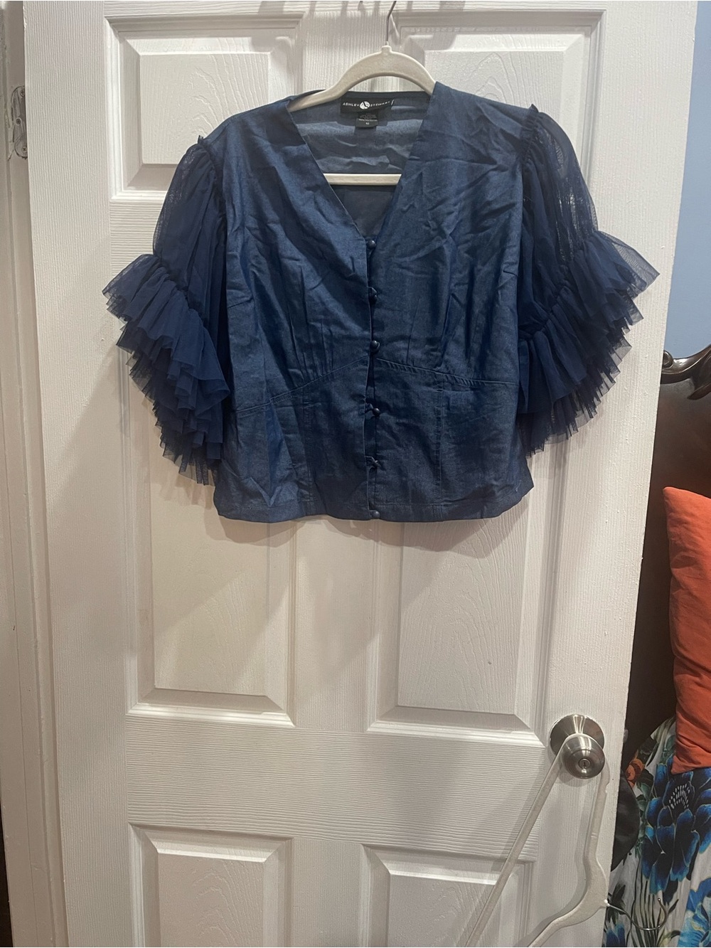 Ashley Stewart Navy Button-Front Ruffle Sleeve Top Size 10